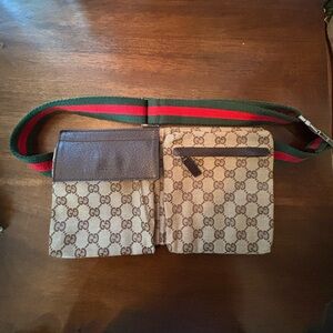 Gucci Beige and Brown Belt Bag with Green and Red Strap